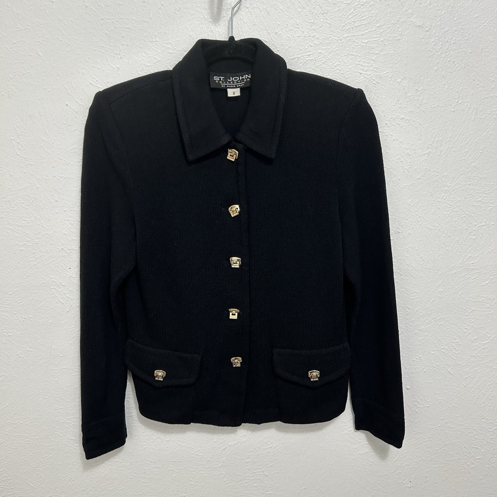 St John Collection Jacket Size 2 Black Knit Gold Button Blazer Classic Old Money